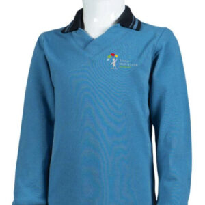 Polo col en V bleu, manches longues (Montessori)